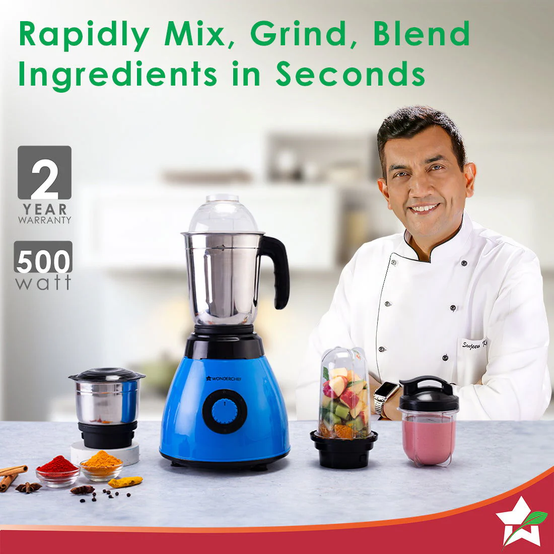 Acura Blender Pro Mixer Grinder 500W, 230V~50Hz, 4 Jars( 2 Stainless Steel + 2 Polycarbonate Jars), Black & Blue, 5 Years Warranty - Image 2