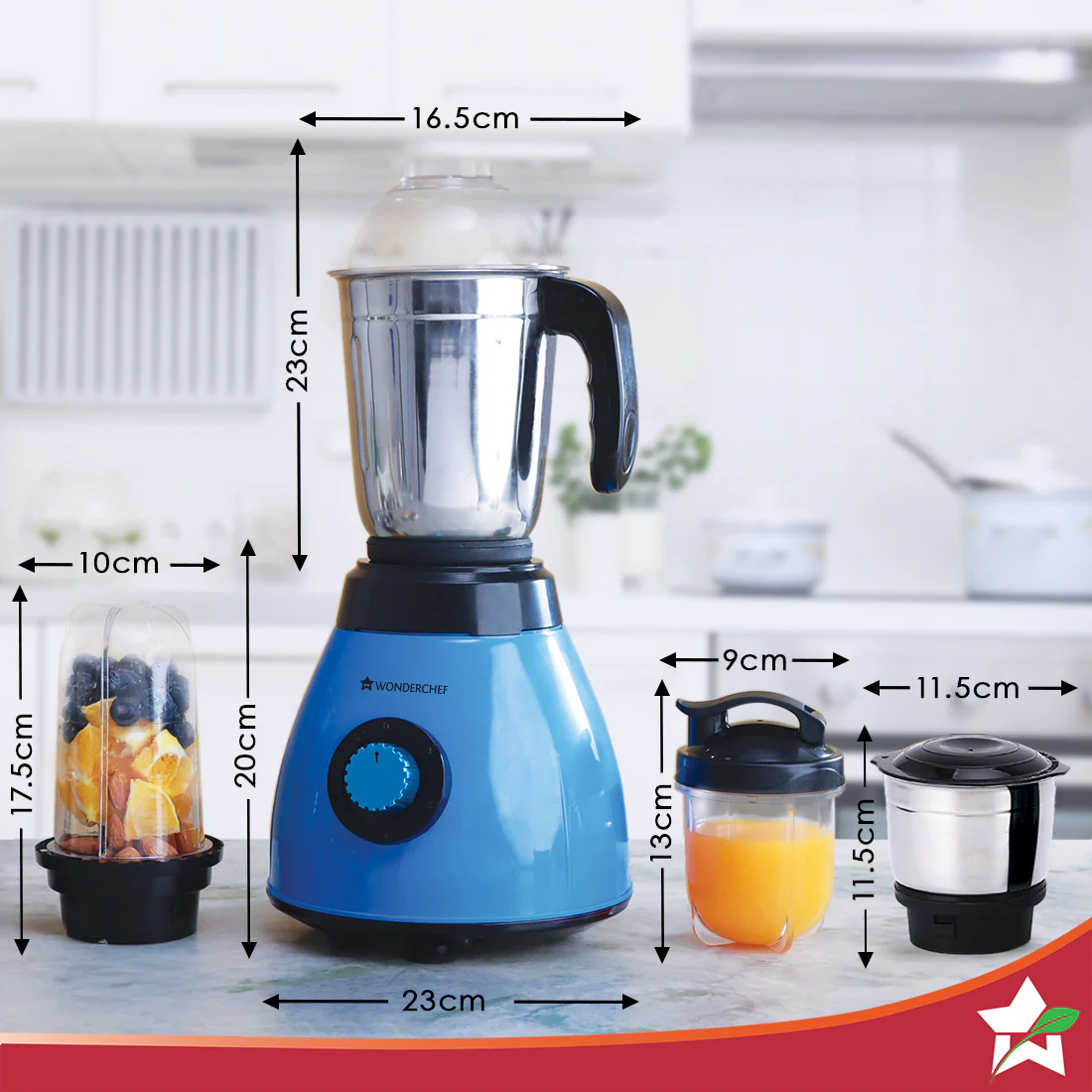 Acura Blender Pro Mixer Grinder 500W, 230V~50Hz, 4 Jars( 2 Stainless Steel + 2 Polycarbonate Jars), Black & Blue, 5 Years Warranty - Image 3