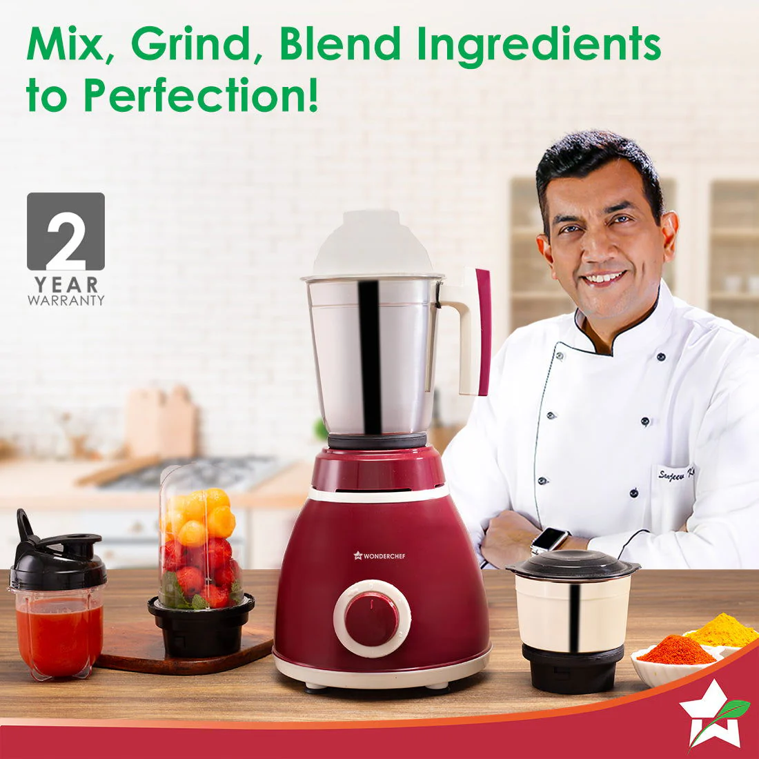 Acura Plus 500 W Mixer Grinder | 4 Stainless Steel Jars with Sipper Jar | Powerful Blending, Mixing, Grinding | 3-Speed & Pulse Function | Anti-Skid Feet | 5 Years Warranty on Motor | Red - Image 2
