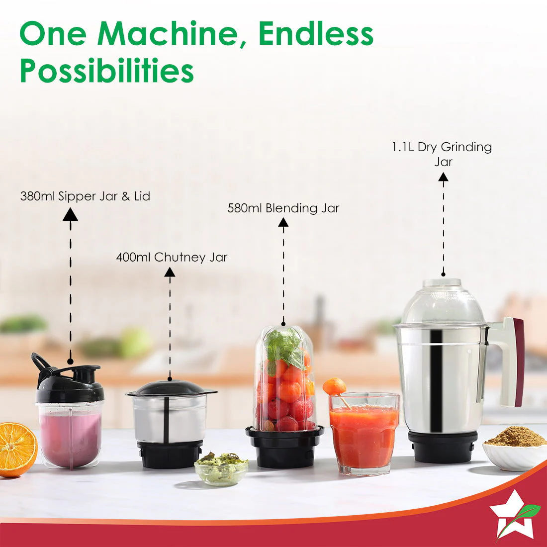 Acura Plus 500 W Mixer Grinder | 4 Stainless Steel Jars with Sipper Jar | Powerful Blending, Mixing, Grinding | 3-Speed & Pulse Function | Anti-Skid Feet | 5 Years Warranty on Motor | Red - Image 5