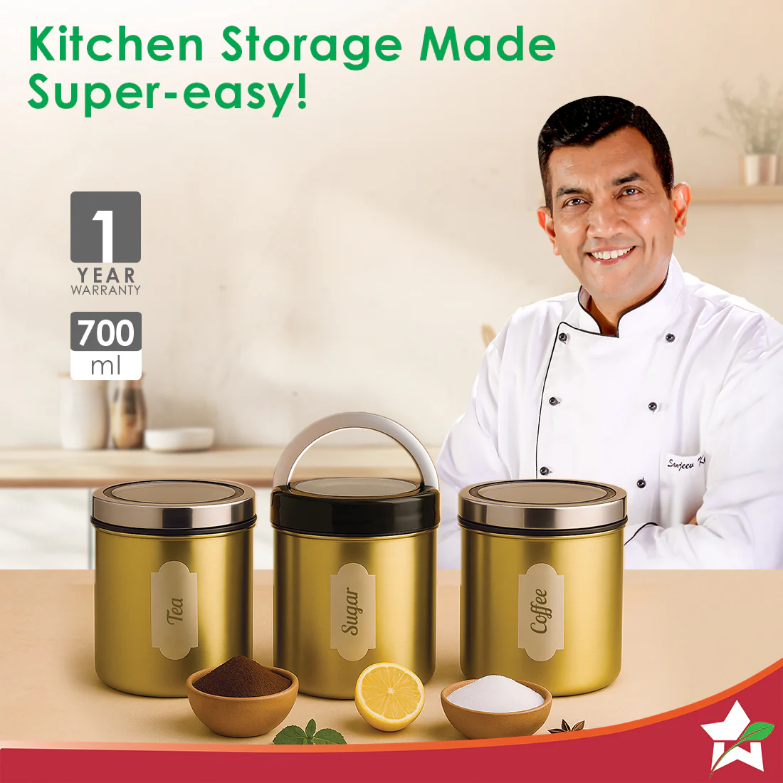 Ambrosia Kitchen Organiser 3 Pc. Set with See-through Lid for Kitchen/Dining Table, Store Tea Coffee Sugar, Airtight Transparent Lid with Silicone Lock Mechanism, 1-Yr Warranty, Gold Finish - Image 2