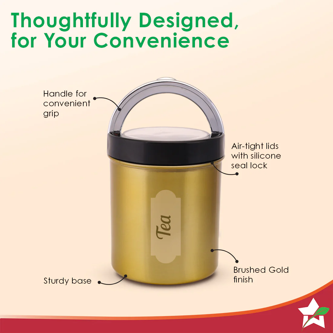 Ambrosia Kitchen Organiser 3 Pc. Set with See-through Lid for Kitchen/Dining Table, Store Tea Coffee Sugar, Airtight Transparent Lid with Silicone Lock Mechanism, 1-Yr Warranty, Gold Finish - Image 6