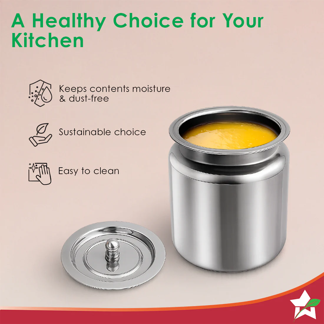 Ambrosia Premium Stainless-steel Ghee Pot with Lid, 1 L, Tight SS Lid, Rust-resistant & Durable Material, Ghee Storage for Kitchen, Multi-purpose Use, Silver, 1-Yr Warranty - Image 4