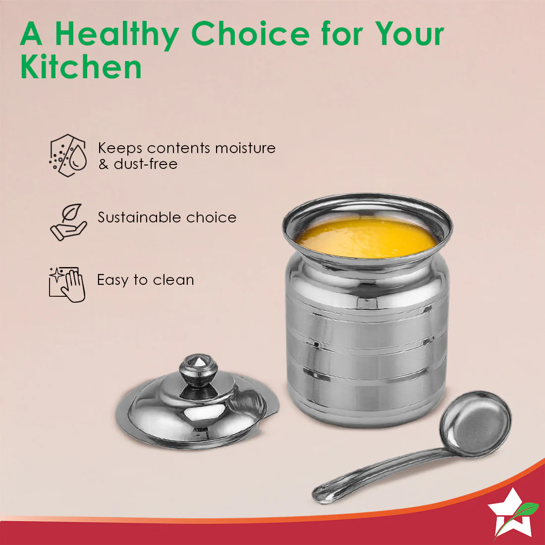 Ambrosia Premium Stainless-steel Ghee Pot with Spoon & Lid, 500 ml, Tight SS Lid, Rust-resistant & Durable Material, Ghee Storage for Kitchen, Multi-purpose Use, Silver, 1-Yr Warranty - Image 4