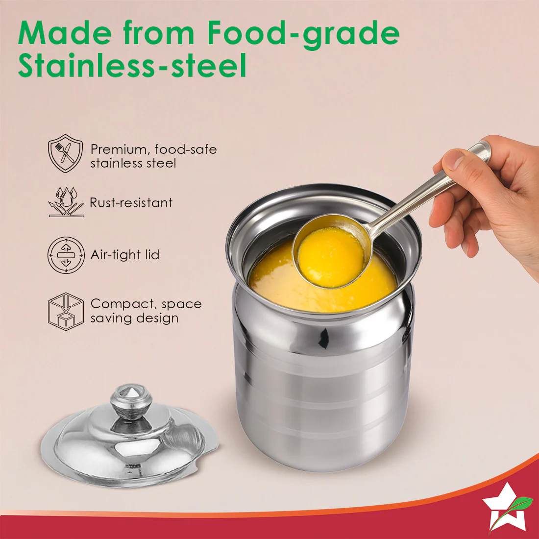 Ambrosia Premium Stainless-steel Ghee Pot with Spoon & Lid, 500 ml, Tight SS Lid, Rust-resistant & Durable Material, Ghee Storage for Kitchen, Multi-purpose Use, Silver, 1-Yr Warranty - Image 5