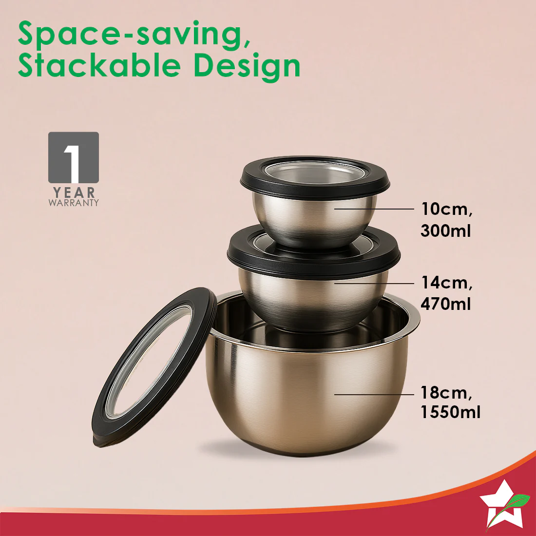 Ambrosia Stainless-steel 3 Pc. Mixing Bowl Set with Transparent Lid, 10 cm (300ml), 14 cm (470ml), 18 cm (1.5 L) | Stackable, Food-grade, Non-corrosive, Sturdy | Use to Mix, Marinate, Serve | 1-year Warranty - Image 3