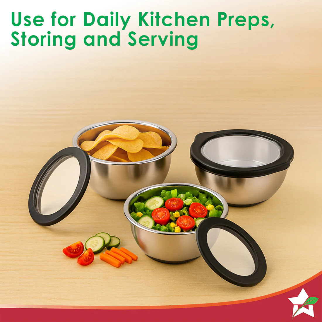 Ambrosia Stainless-steel 3 Pc. Mixing Bowl Set with Transparent Lid, 10 cm (300ml), 14 cm (470ml), 18 cm (1.5 L) | Stackable, Food-grade, Non-corrosive, Sturdy | Use to Mix, Marinate, Serve | 1-year Warranty - Image 4
