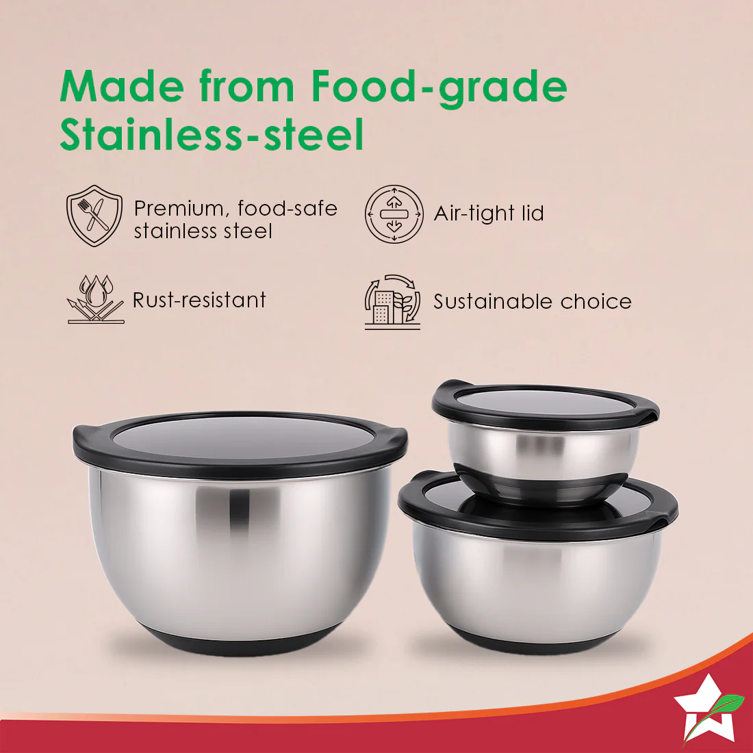 Ambrosia Stainless-steel 3 Pc. Mixing Bowl Set with Transparent Lid, 10 cm (300ml), 14 cm (470ml), 18 cm (1.5 L) | Stackable, Food-grade, Non-corrosive, Sturdy | Use to Mix, Marinate, Serve | 1-year Warranty - Image 7