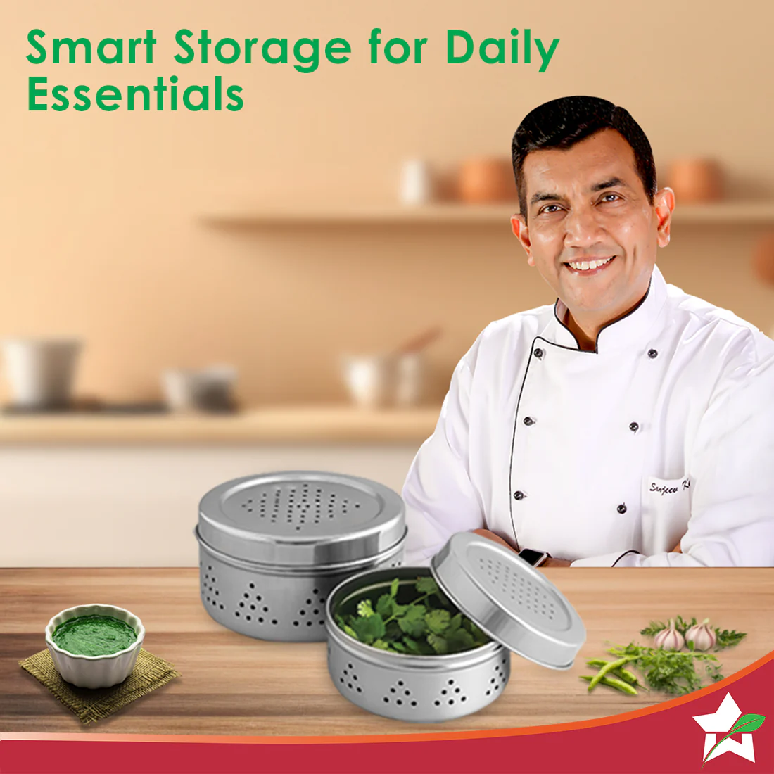 Ambrosia Stainless-steel Coriander Box (2 Pcs.) | Perforated Container for Air Circulation | Food-grade, Non-corrosive, Sturdy | For Coriander, Garlic, Onions, Dry Veggies | 1-year Warranty - Image 2