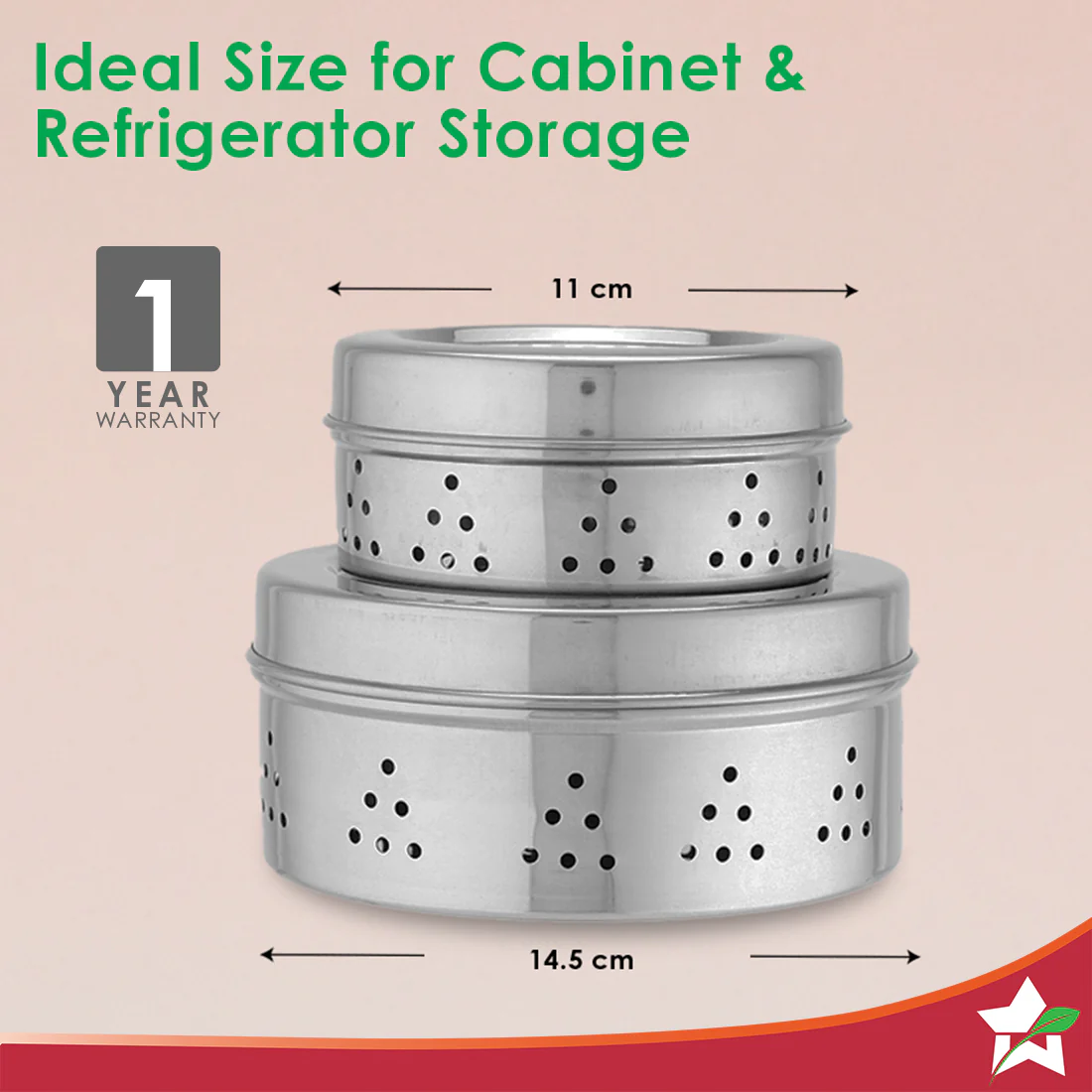 Ambrosia Stainless-steel Coriander Box (2 Pcs.) | Perforated Container for Air Circulation | Food-grade, Non-corrosive, Sturdy | For Coriander, Garlic, Onions, Dry Veggies | 1-year Warranty - Image 3