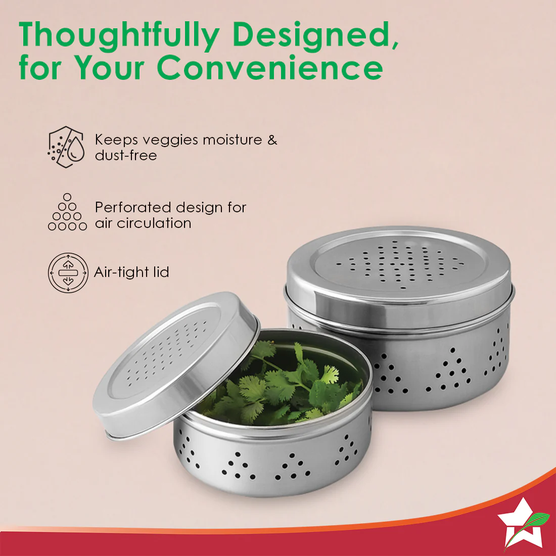 Ambrosia Stainless-steel Coriander Box (2 Pcs.) | Perforated Container for Air Circulation | Food-grade, Non-corrosive, Sturdy | For Coriander, Garlic, Onions, Dry Veggies | 1-year Warranty - Image 4