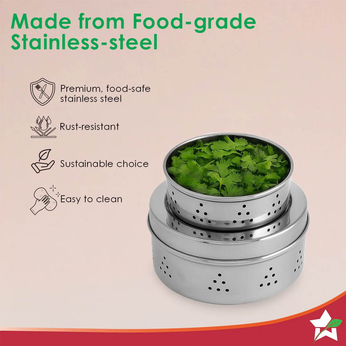 Ambrosia Stainless-steel Coriander Box (2 Pcs.) | Perforated Container for Air Circulation | Food-grade, Non-corrosive, Sturdy | For Coriander, Garlic, Onions, Dry Veggies | 1-year Warranty - Image 5