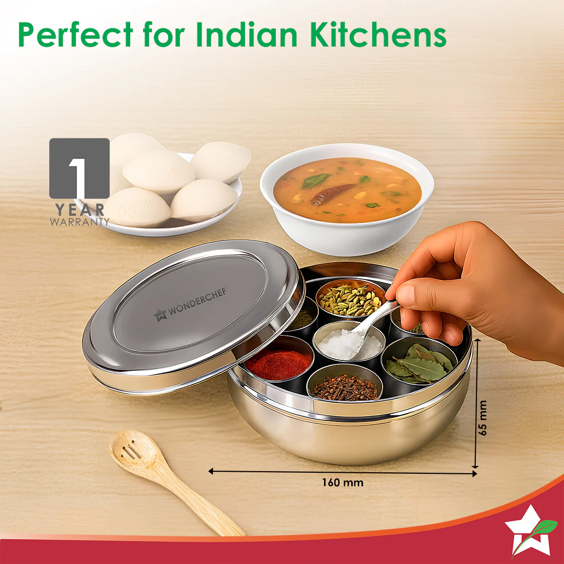 Ambrosia Stainless-steel Masala Box, 7 Containers, 1 Small Spoon, Airtight Stainless-steel Lid, Spice Organizer for Kitchen, Food-grade, Non-corrosive, Sturdy, Silver, 1-Yr Warranty - Image 3