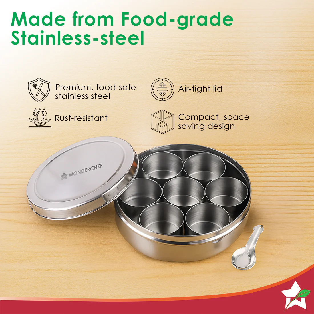 Ambrosia Stainless-steel Masala Box, 7 Containers, 1 Small Spoon, Airtight Stainless-steel Lid, Spice Organizer for Kitchen, Food-grade, Non-corrosive, Sturdy, Silver, 1-Yr Warranty - Image 5
