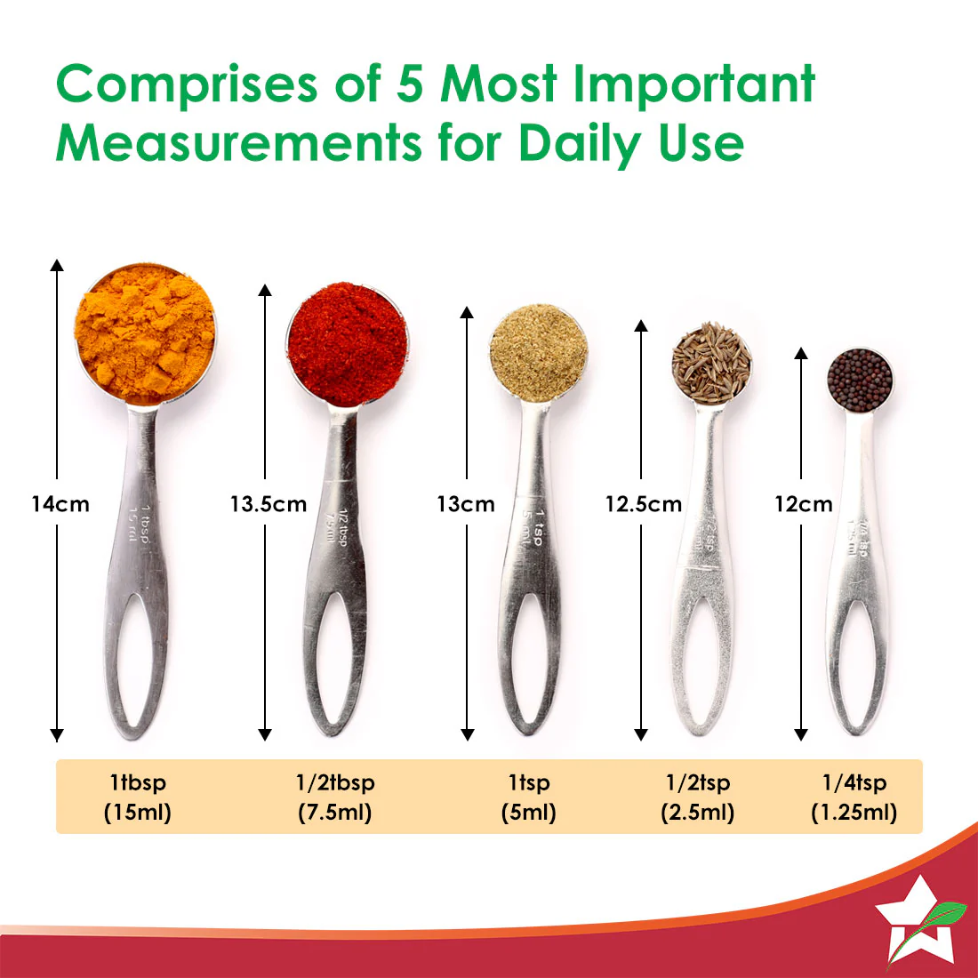 Ambrosia Stainless-steel Measuring Spoons with 5 Engraved Measurements | 1.25ml, 2.5ml, 5ml. 7.5ml, 15ml | For Dry or Liquid Ingredients | Precise Cooking and Baking | 1-year Warranty - Image 3