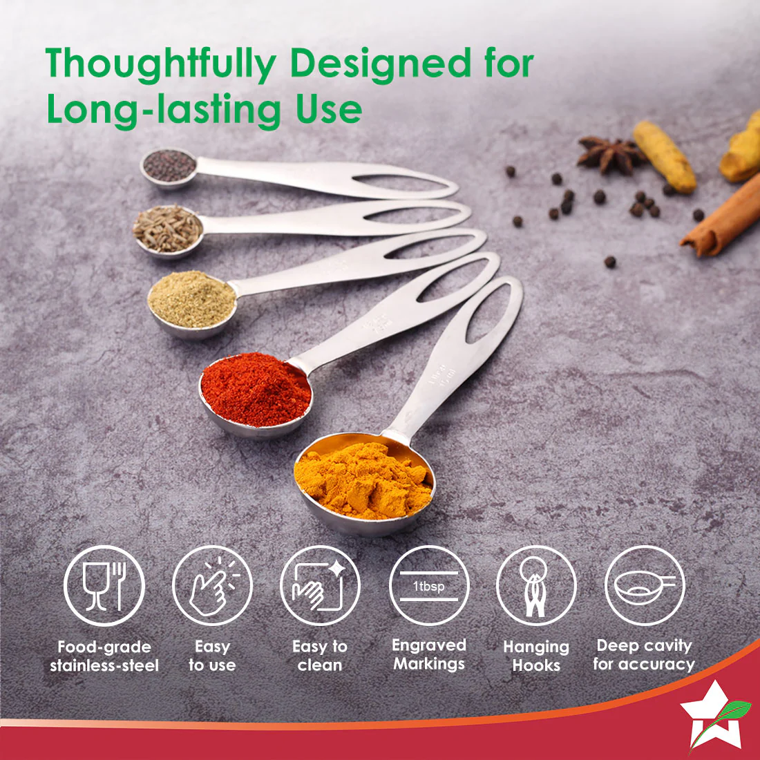 Ambrosia Stainless-steel Measuring Spoons with 5 Engraved Measurements | 1.25ml, 2.5ml, 5ml. 7.5ml, 15ml | For Dry or Liquid Ingredients | Precise Cooking and Baking | 1-year Warranty - Image 4