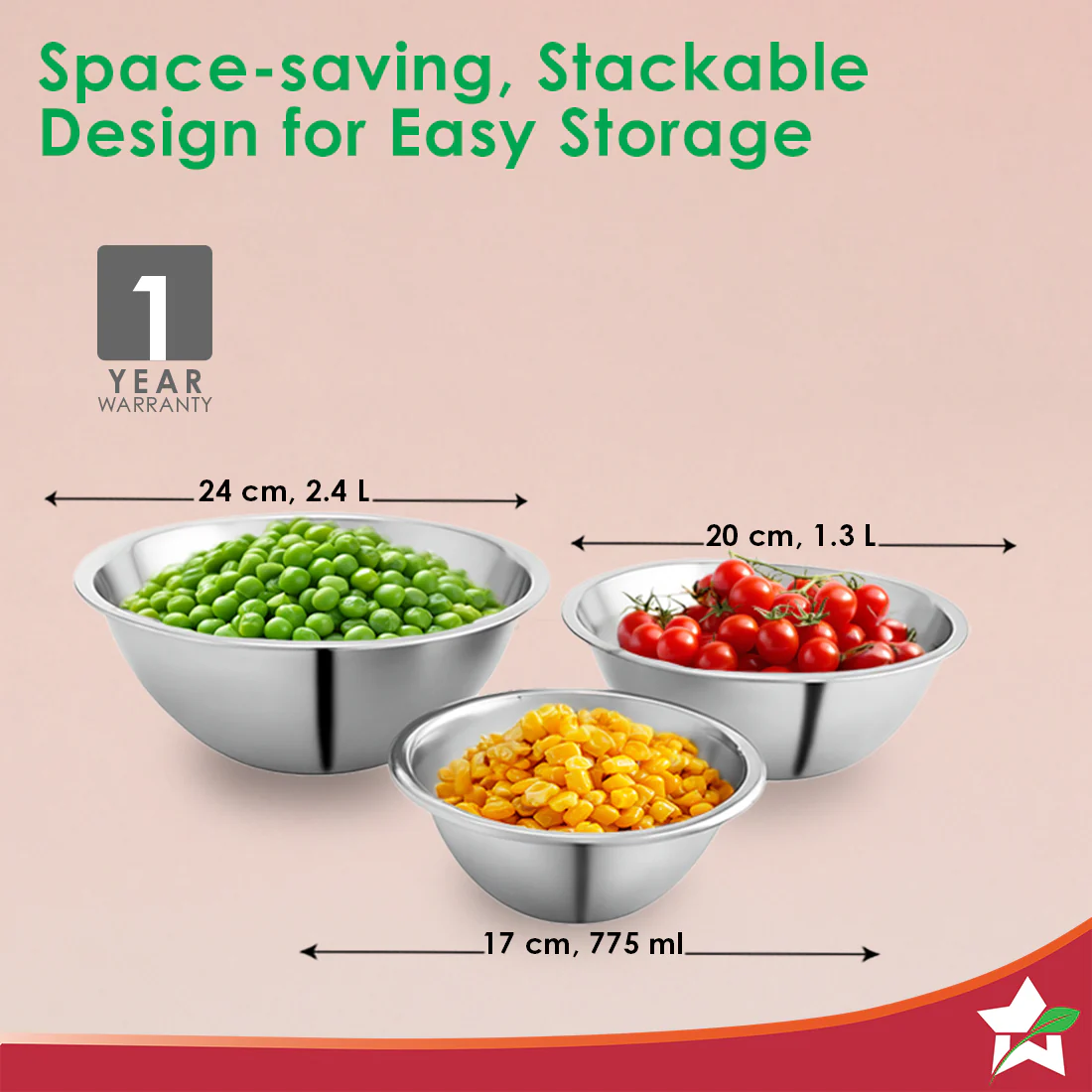 Ambrosia Stainless-steel Mixing Bowl (3 Pcs.) | 17 cm (775ml), 20 cm (1.35 L), 24 cm (2.4 L) | Stackable, Food-grade, Non-corrosive, Sturdy | Use to Mix, Marinate, Serve | 1-year Warranty - Image 3