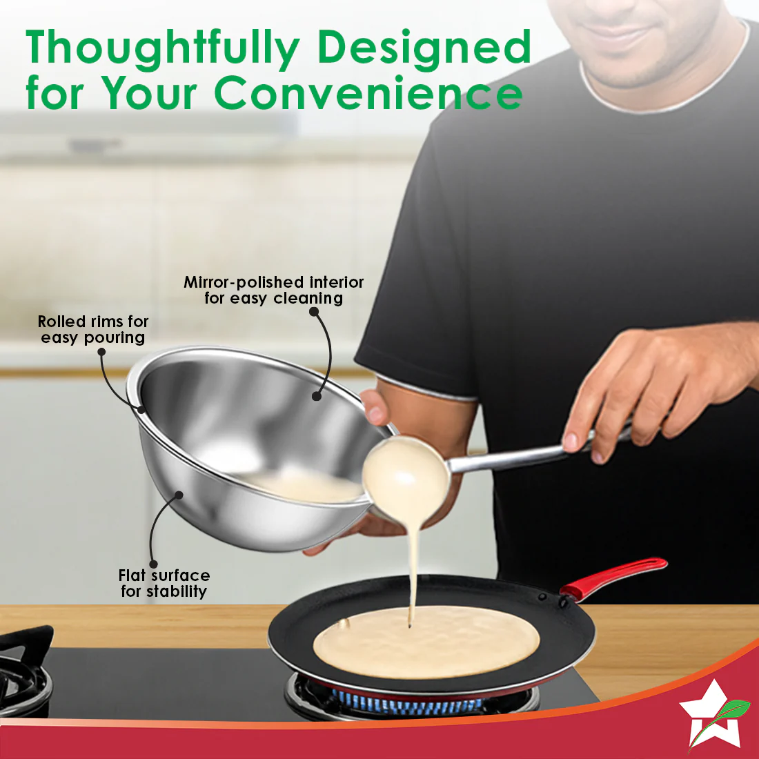 Ambrosia Stainless-steel Mixing Bowl (3 Pcs.) | 17 cm (775ml), 20 cm (1.35 L), 24 cm (2.4 L) | Stackable, Food-grade, Non-corrosive, Sturdy | Use to Mix, Marinate, Serve | 1-year Warranty - Image 5