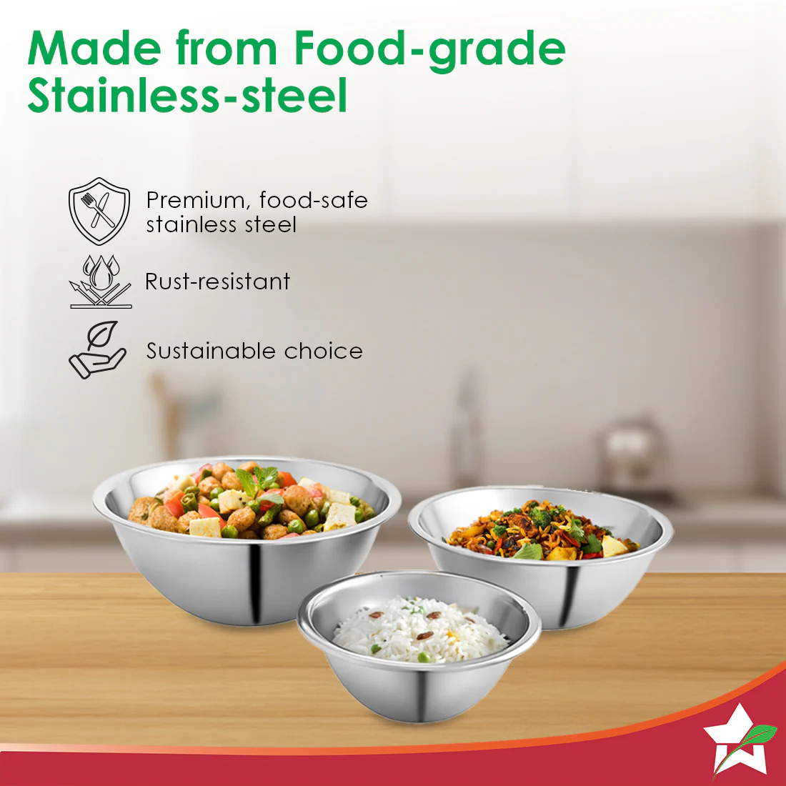 Ambrosia Stainless-steel Mixing Bowl (3 Pcs.) | 17 cm (775ml), 20 cm (1.35 L), 24 cm (2.4 L) | Stackable, Food-grade, Non-corrosive, Sturdy | Use to Mix, Marinate, Serve | 1-year Warranty - Image 6