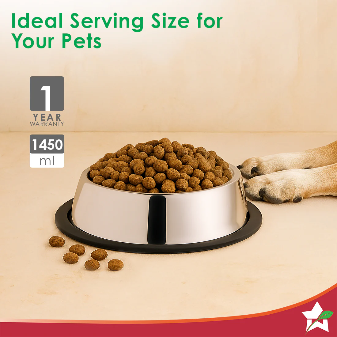 Ambrosia Stainless-steel Pet Bowl, Big Feeding Bowl for Dogs Cats Rabbits Puppies, 1.4 L, Anti-skid, Mess-free Eating, Scratch-resistant, Non-porous, Light-weight, Silver, 1-Yr Warranty - Image 2