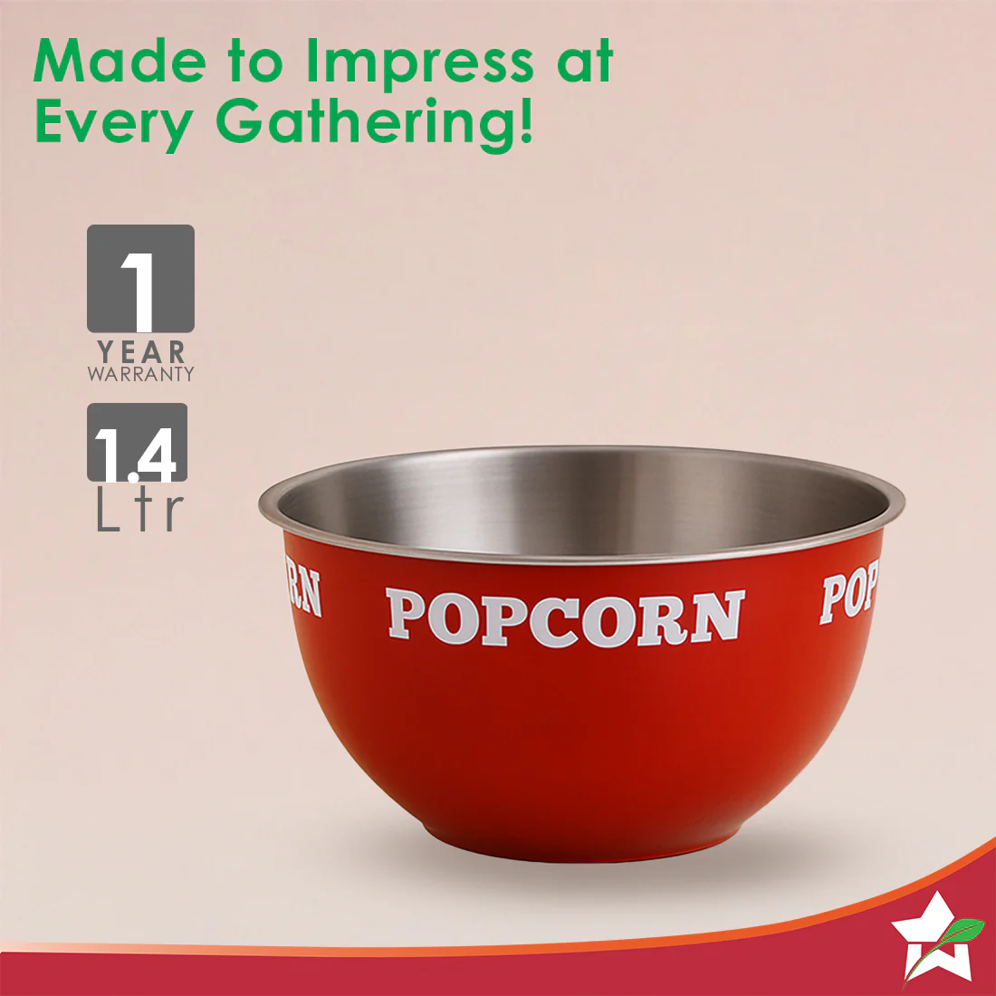 Ambrosia Stainless-steel Popcorn Bowl, 1.4 L, Dual-tone, Serve Chips, Snacks, Fruits or Use for Mixing/Storing, Ideal for Movie Nights & Parties, Scratch-resistant, Red, 1-Yr Warranty - Image 3