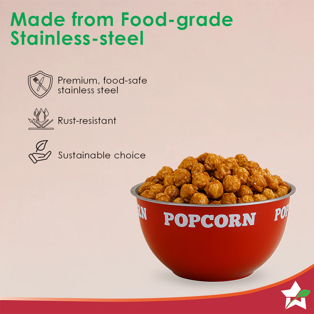 Ambrosia Stainless-steel Popcorn Bowl, 1.4 L, Dual-tone, Serve Chips, Snacks, Fruits or Use for Mixing/Storing, Ideal for Movie Nights & Parties, Scratch-resistant, Red, 1-Yr Warranty - Image 6