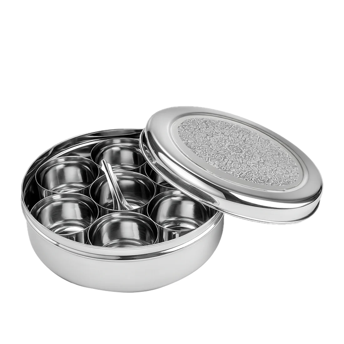 Ambrosia Stainless-steel Spice Box | 7 Containers, 1 Small Spoon | Premium Inlay Design on Stainless-steel Lid | Food-grade, Non-corrosive, Sturdy | Silver | 1-year Warranty