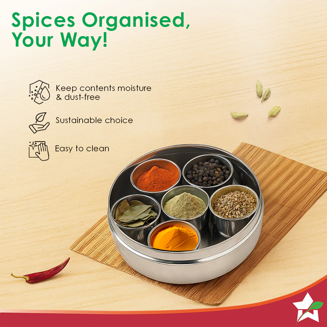 Ambrosia Stainless-steel Spice Box | 7 Containers, 1 Small Spoon | Premium Inlay Design on Stainless-steel Lid | Food-grade, Non-corrosive, Sturdy | Silver | 1-year Warranty - Image 4