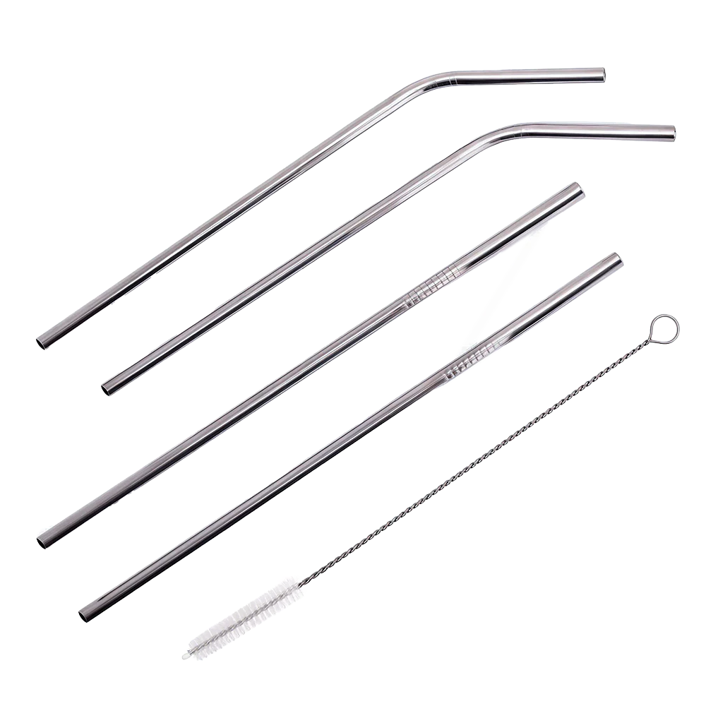 Ambrosia Straw Set (4 Pcs.) and Cleaning Brush | Food-grade Stainless-steel | Long, Reusable, Sustainable Metal Design |For Kids & Adults | Drink Water, Juice, Shakes | 1-Year Warranty