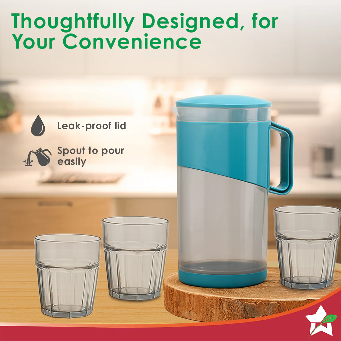 Ambrosia Water Jug and Glass 5 Pc. Set, 1.8 L Jug with 4 Glasses, Serve Juices, Water and Other Beverages, BPA-free, Ideal for House Parties, Easy Pouring, Leak-proof, 1-Yr Warranty, Blue - Image 4