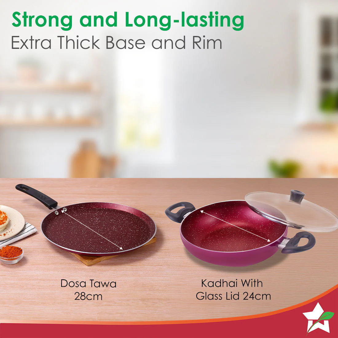Bandhan Non-stick Cookware 3 Pcs.Set | Dosa Tawa,Kadhai and Lid | 100% PFOA free Coating | Pure Grade Virgin Aluminium | Compatible with Multiple Cooktops | Red and Purple | 2 Year Warranty - Image 3