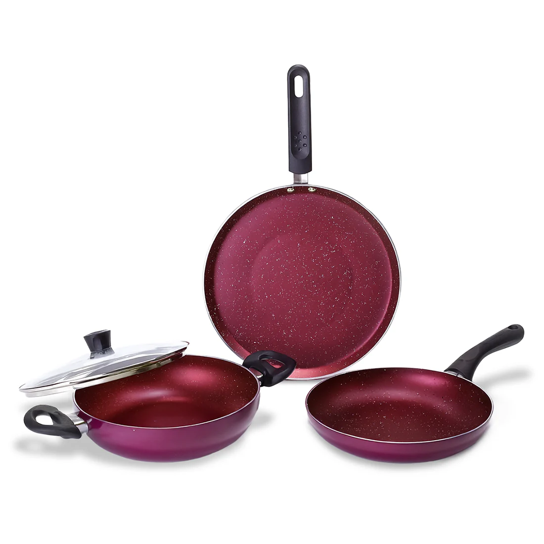 Bandhan Non-stick Cookware 4 Pc. Set | Perfect Gift | Fry Pan, Dosa Tawa, Kadhai with Glass Lid | Healthy, Low Oil Meals | Scratch-resistant | Gas & Induction Compatible | Easy to Clean