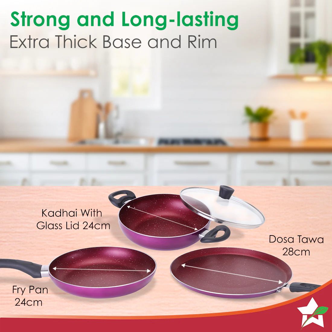 Bandhan Non-stick Cookware 4 Pc. Set | Perfect Gift | Fry Pan, Dosa Tawa, Kadhai with Glass Lid | Healthy, Low Oil Meals | Scratch-resistant | Gas & Induction Compatible | Easy to Clean - Image 3