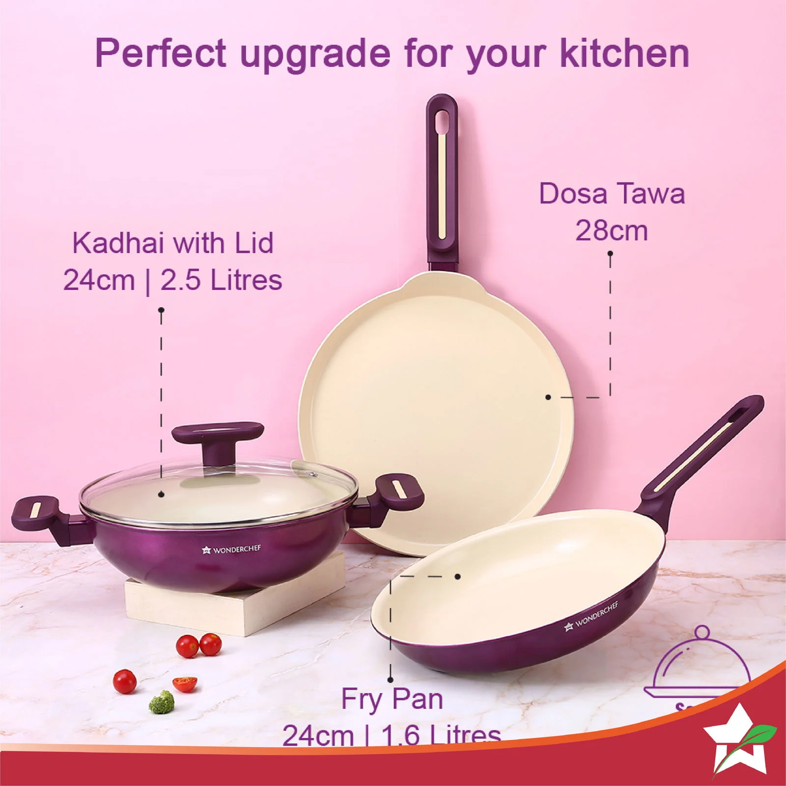 Bellagio Cookware 4 Pc. Set | Kadhai & Lid, Fry Pan, Dosa Tawa | Healthy Ceramic Coating | Non-Toxic | PFAS and PFOA Free | 3mm Thickness | Soft-Touch Handles and Knob | Deep Purple | 2 Year Warranty - Image 5
