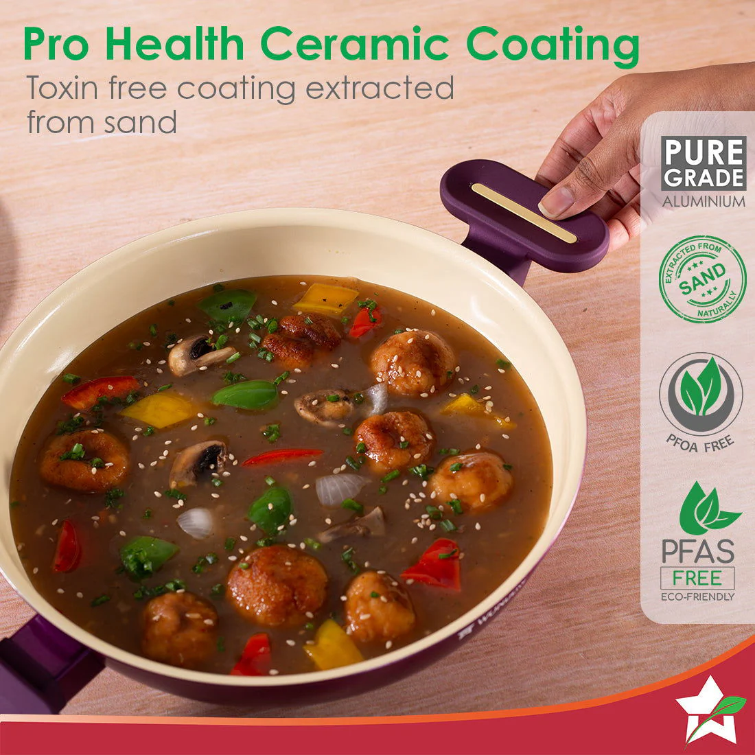 Bellagio Kadhai with Lid | Healthy Ceramic Coating | Non-Toxic | PFAS and PFOA Free | 3mm Thickness | Soft-Touch Handles and Knob | Deep Purple | 2 Year Warranty - Image 3