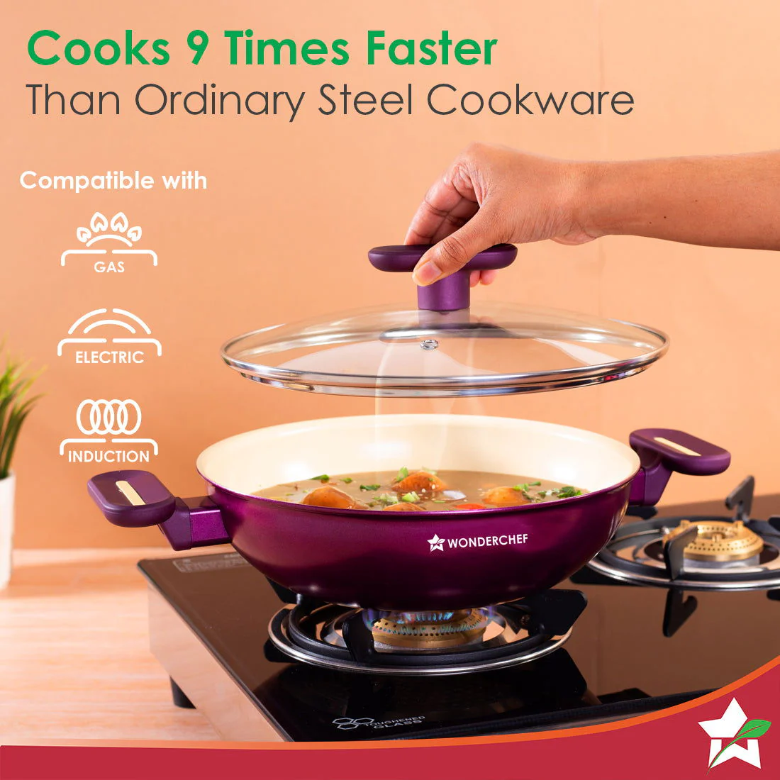 Bellagio Kadhai with Lid | Healthy Ceramic Coating | Non-Toxic | PFAS and PFOA Free | 3mm Thickness | Soft-Touch Handles and Knob | Deep Purple | 2 Year Warranty - Image 4