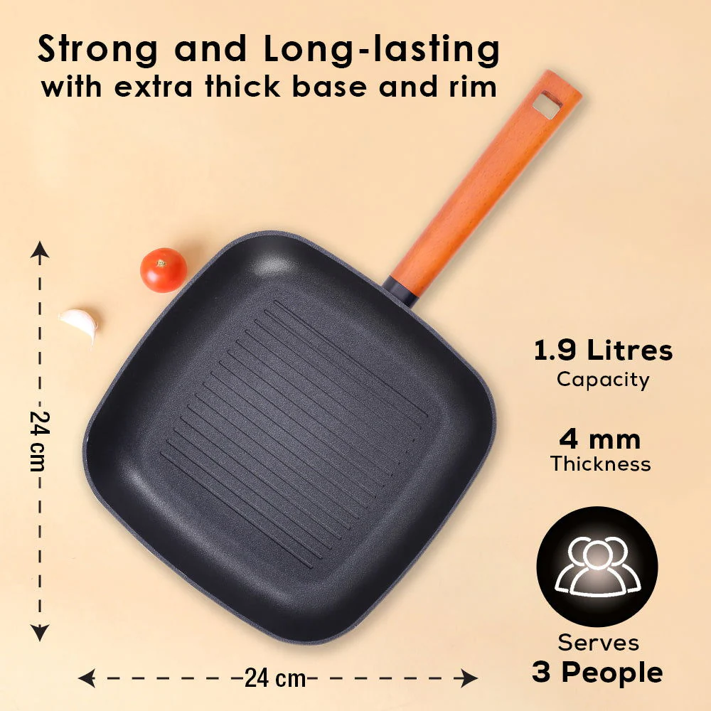 Caesar Forged Grill Pan, 24cm, Black, Greblon C3 Non-stick Coating, Virgin Aluminium, PFOA Free, German Beechwood Handles, Use for Grilling Tikkis, Breads, Rolls, Meat, Paneer - Image 3