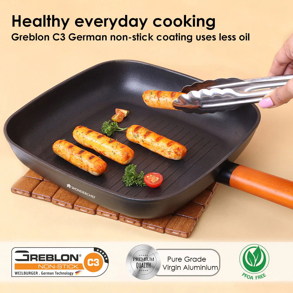 Caesar Forged Grill Pan, 24cm, Black, Greblon C3 Non-stick Coating, Virgin Aluminium, PFOA Free, German Beechwood Handles, Use for Grilling Tikkis, Breads, Rolls, Meat, Paneer - Image 6