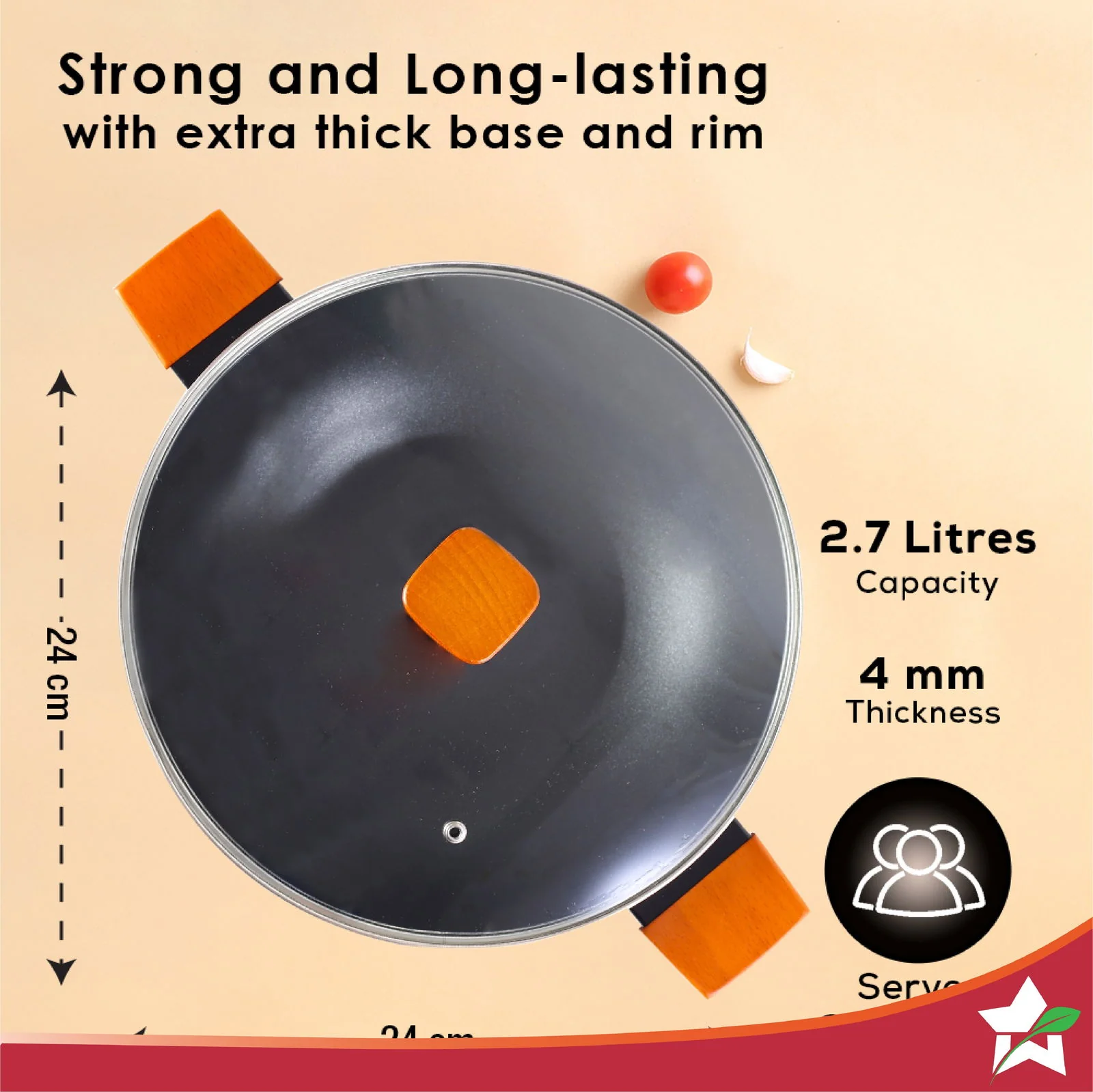 Caesar Forged Kadhai with Glass Lid, 24cm, Black, Greblon C3 Non-stick Coating, Virgin Aluminium, PFOA Free, German Beechwood Handles, Use for Frying, Cooking Rice/ Biryani, Gravies, Dals - Image 5