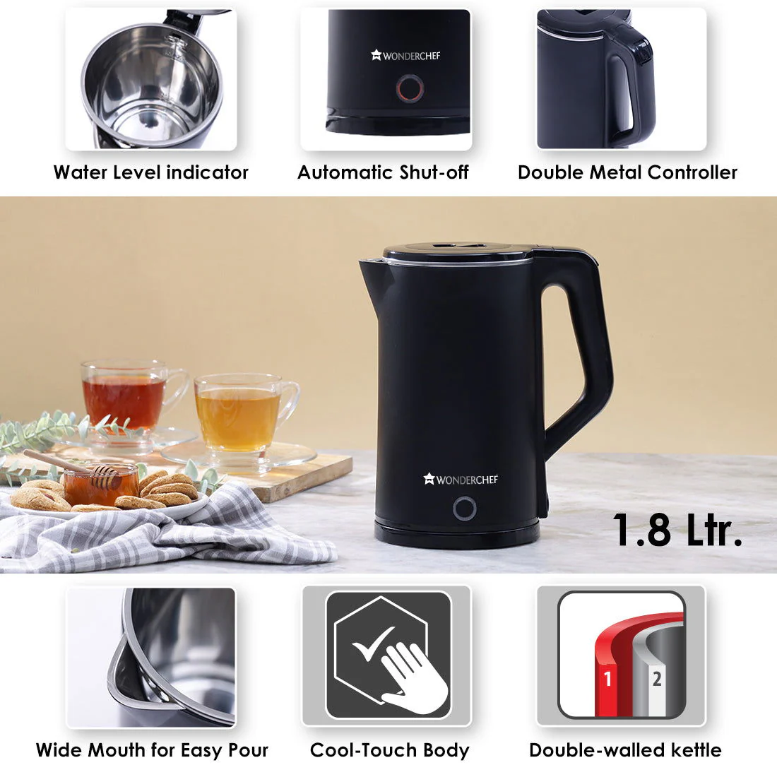 Cool-Touch Electric Kettle | 1.8L Capacity | 1300W | Double Walled Stainless Steel | Auto Shut-Off | Black | 1 Year Warranty - Image 5