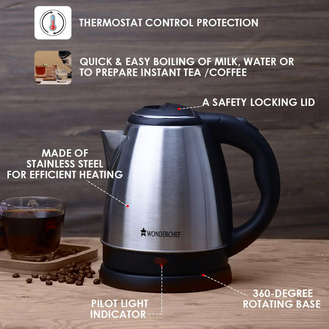 Crescent Electric Kettle | 1.5 Litres | 1350W | Stainless Steel Body | 2 years Warranty - Image 4