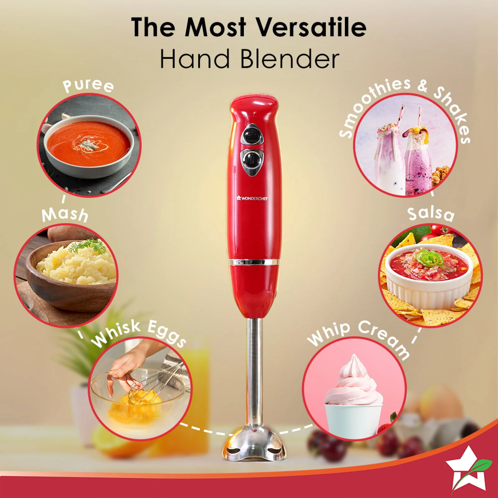 Wonderchef Renewed Crimson Edge 400 W Electric Hand Blender | Powerful & Silent Motor | Portable | Easy Control Grip | Hot & Cold Blending | 2 Speed Selection | Anti Rush Sharp Stainless Steel Blades | Detachable stem | Red - Image 6