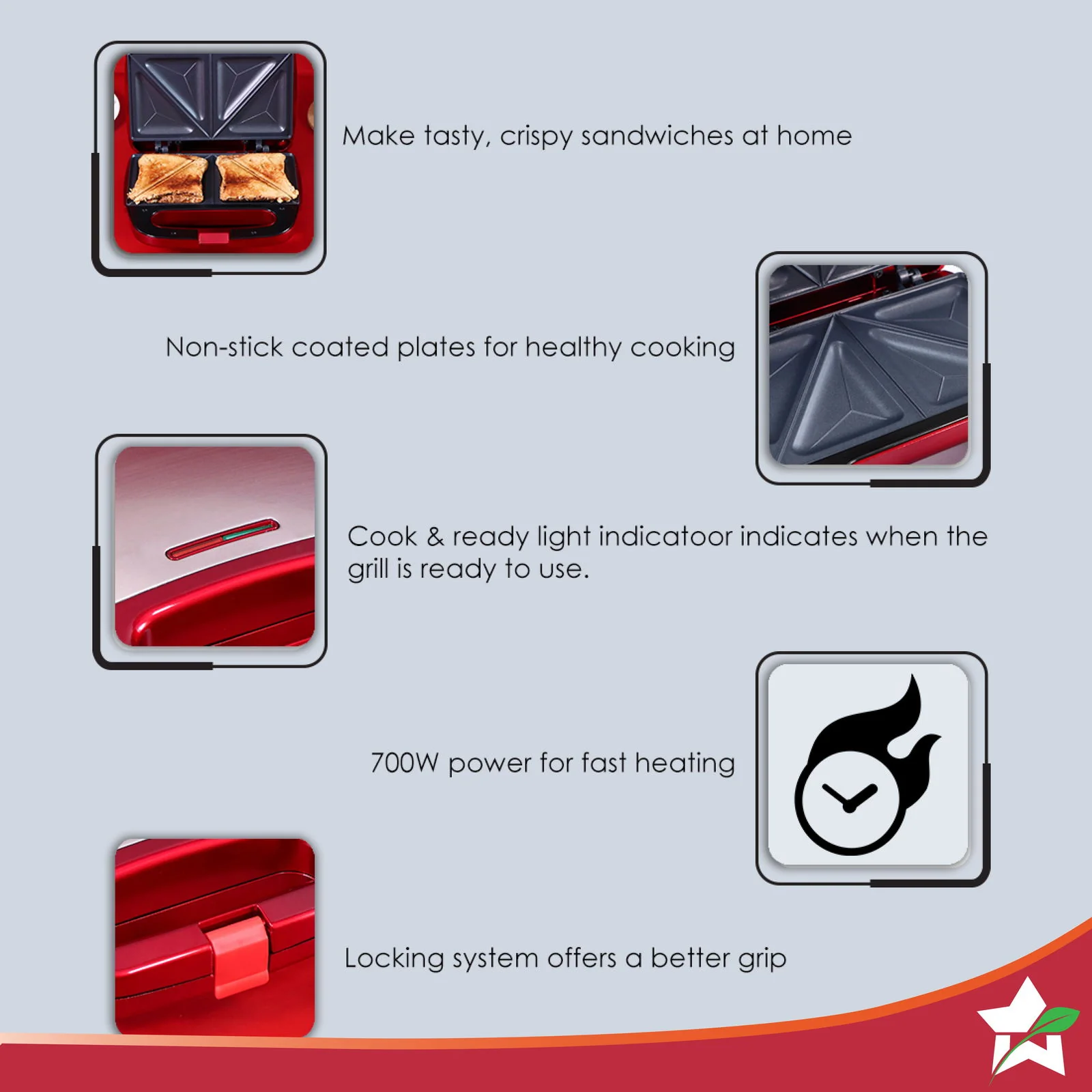 Crimson Edge Non-Stick Electric Griller, Sandwich Maker & Toaster | 750 Watt | Auto Temp, LED indicator | Cool Touch Handle, Buckle Clip Lock | Grill Sandwiches, Bread, Kebabs, Paneer, Tikkis and Quesadillas | Oil Free Toasting | 2 Year Warranty - Image 4