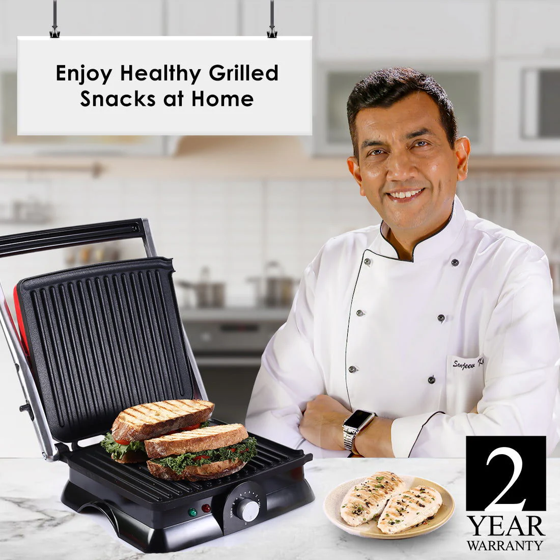Sanjeev Kapoor Tandoor Family Size| Crimson Edge Electric Contact Grill & Sandwich Maker| Healthy Non-Stick Coating | LED Indicator| 2 Year Warranty| Red - Image 3