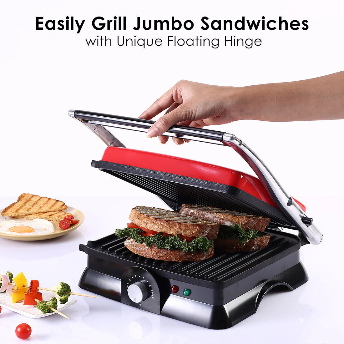 Sanjeev Kapoor Tandoor Family Size| Crimson Edge Electric Contact Grill & Sandwich Maker| Healthy Non-Stick Coating | LED Indicator| 2 Year Warranty| Red - Image 4