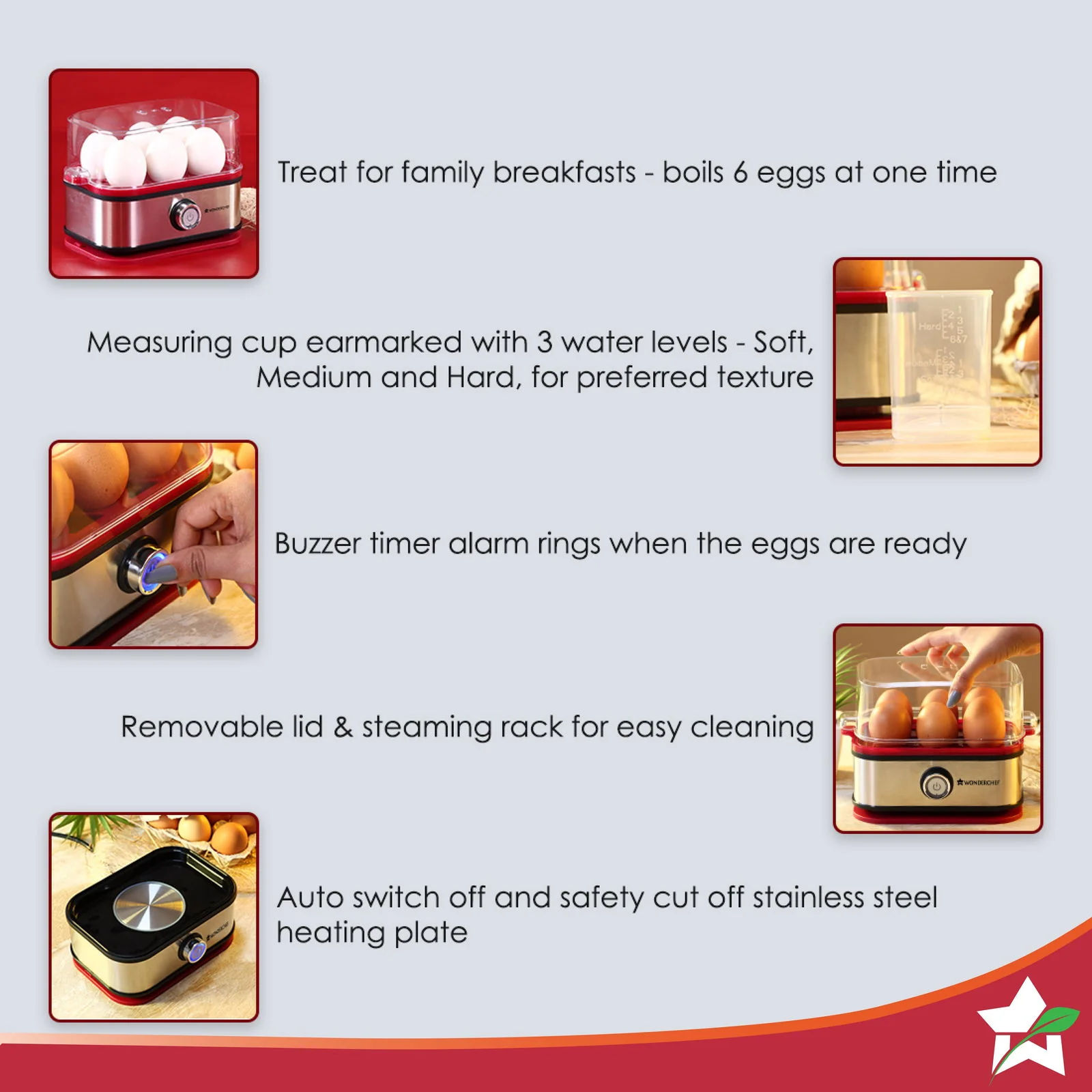 Crimson Edge Instant Electric Egg Boiler with 6 Egg Poachers|3 Boiling Modes, Soft, Medium, Hard| Auto Shut Off | Non-stick Egg Rack, Transparent Lid, Stainless Steel Body & Heating Plate, Steamer Rack| Alarm| Overheat Protection | Red| 2 Year Warranty - Image 5