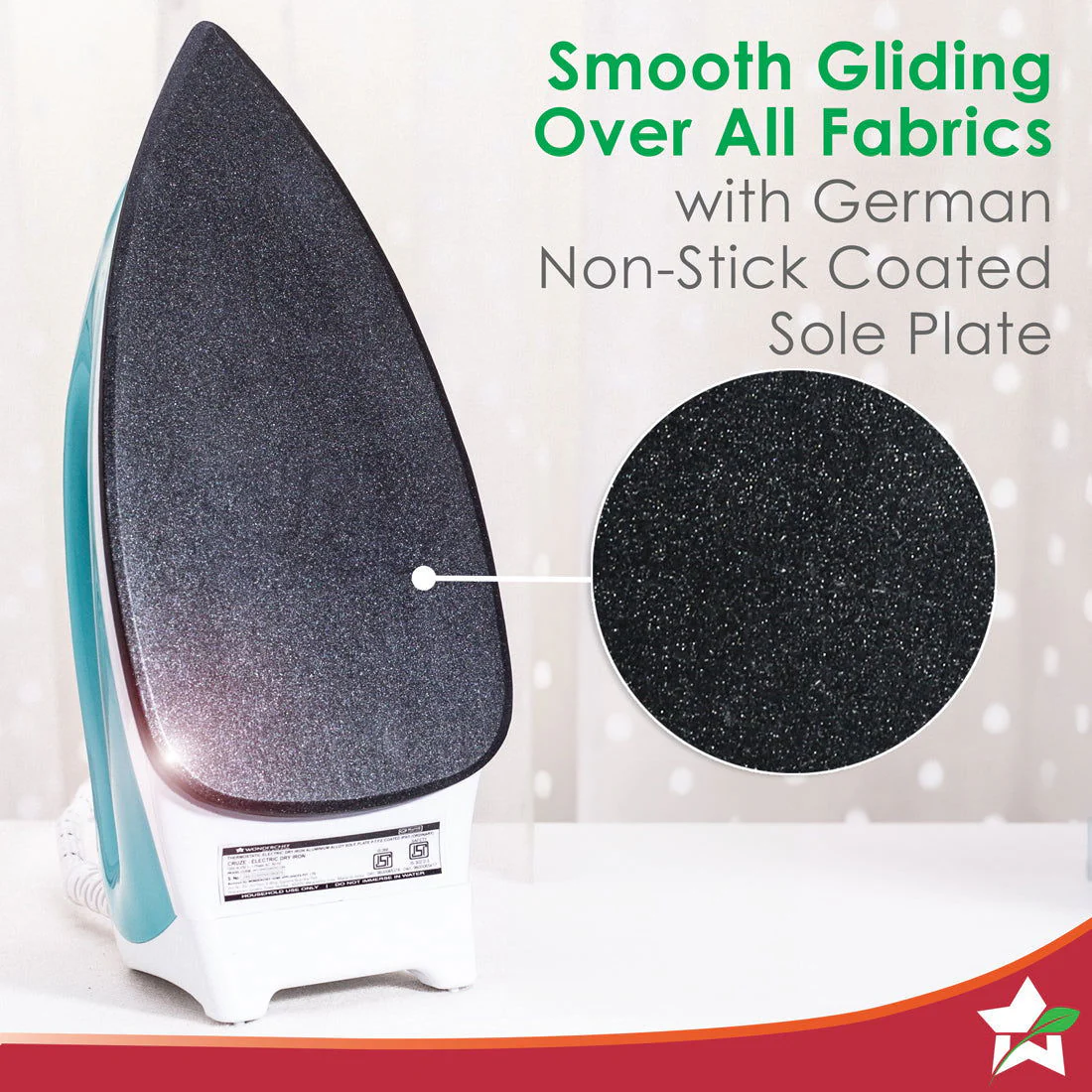 Dry Iron Cruze | 1000W | Quick Heating | Non-Stick Coated Sole Plate | Light and Compact Design | Temperature Control Dial | 1 Year Warranty - Image 4