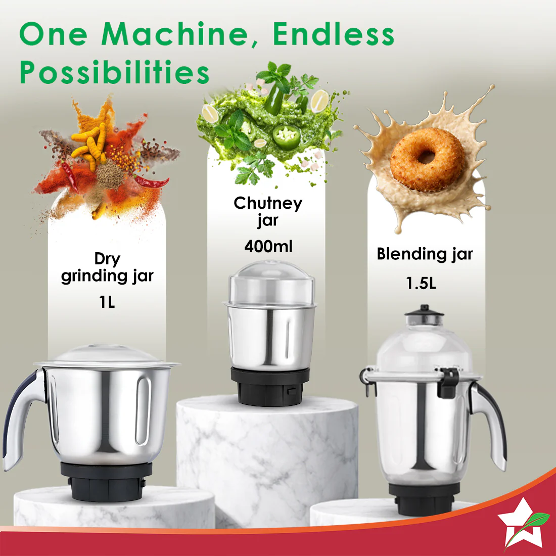 Cube 1000W Mixer Grinder, 3 Jars with Flow Breakers, Special Coarse Blade for Silbatta-style Khada Masala Grinding, Ideal for Grinding, Blending Chutney, Idli/Dosa Batter, 2-Yr Warranty - Image 6