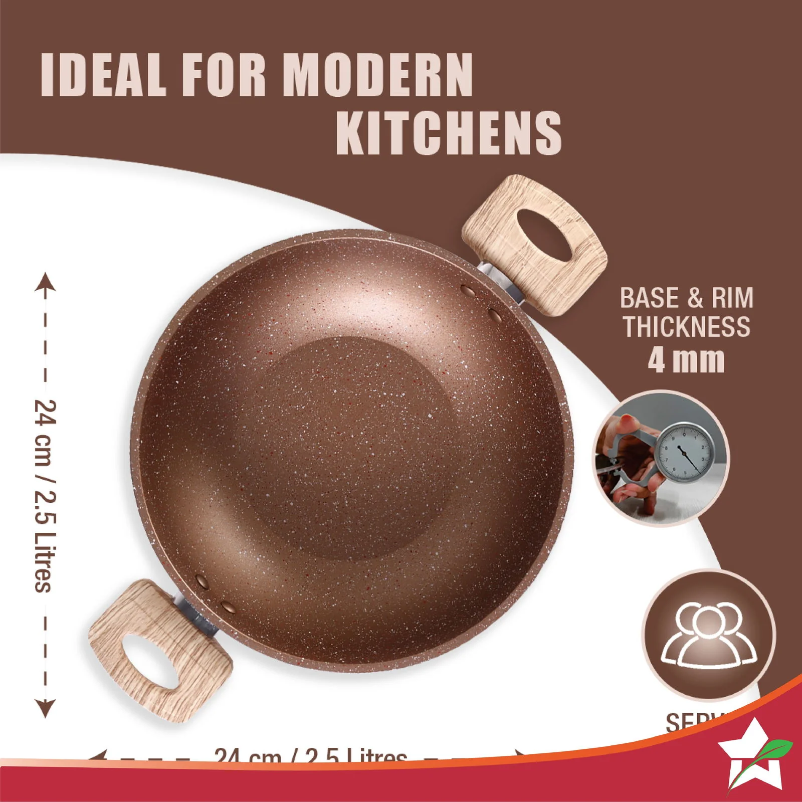 Duralife Die-cast 24 cm Kadhai with lid | 5 Layer Healthy Duramax Non-Stick Coating | Soft Touch Handles | Pure Grade Aluminium | PFOA Free | 2.5 litres | 2 Year Warranty | Copper - Image 6