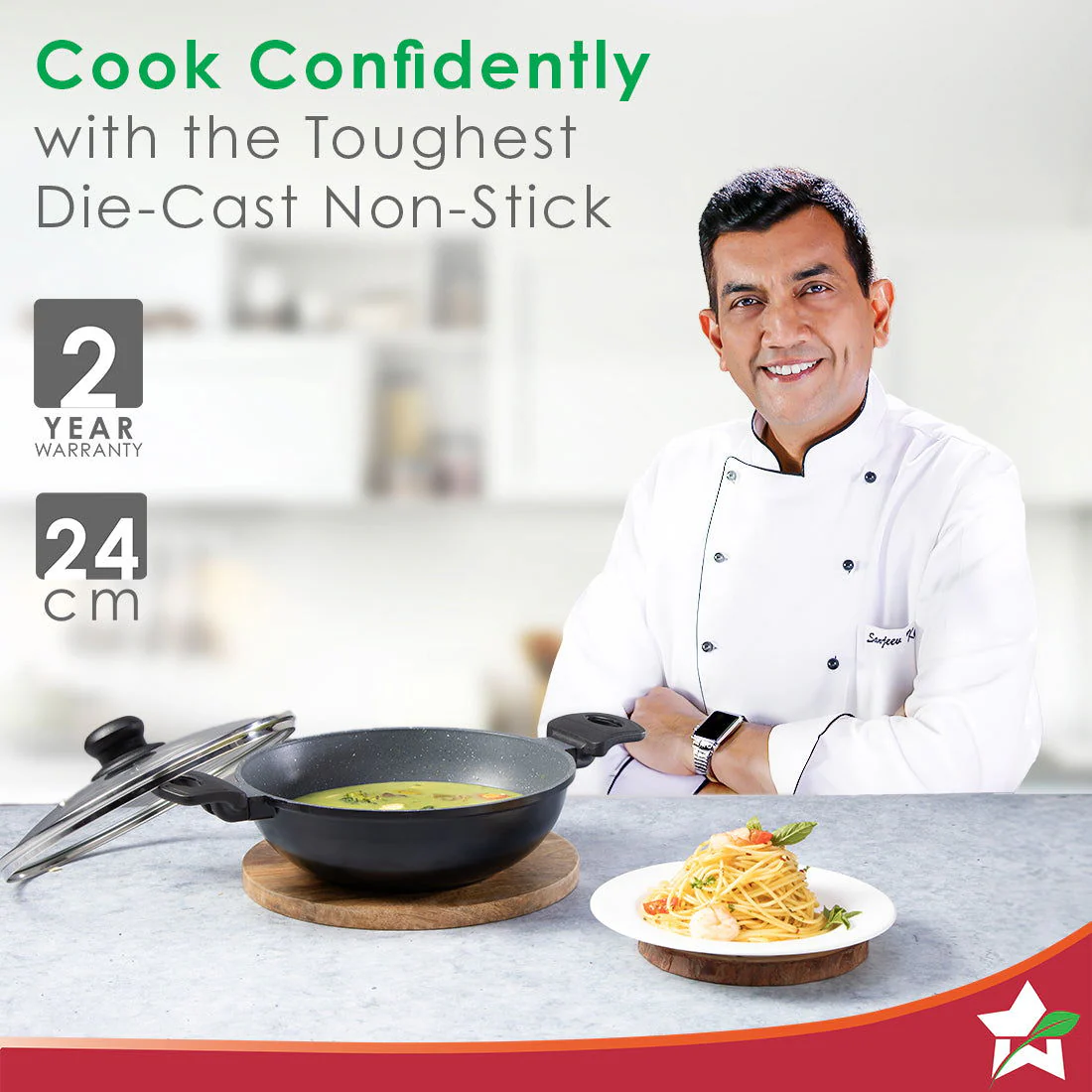Duralite Die-Cast Kadhai with Lid | 24 cm | 2.4 L | 5 Layer Meta-Tuff Non-Stick Coating | Never Loses Shape | Non-Toxic | Cool Touch Handles and Knob | PFOA Free | Pure Grade Aluminium | Easy to Clean | Grey | 2 Years Warranty - Image 2